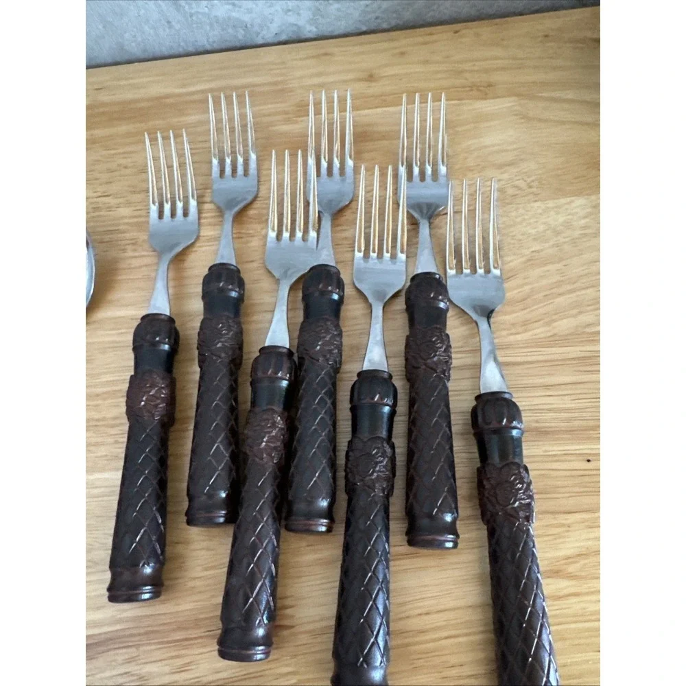 Tracy Porter Tiki Bamboo Resin Flatware Brown Tropical Stainless 21 Piece Set